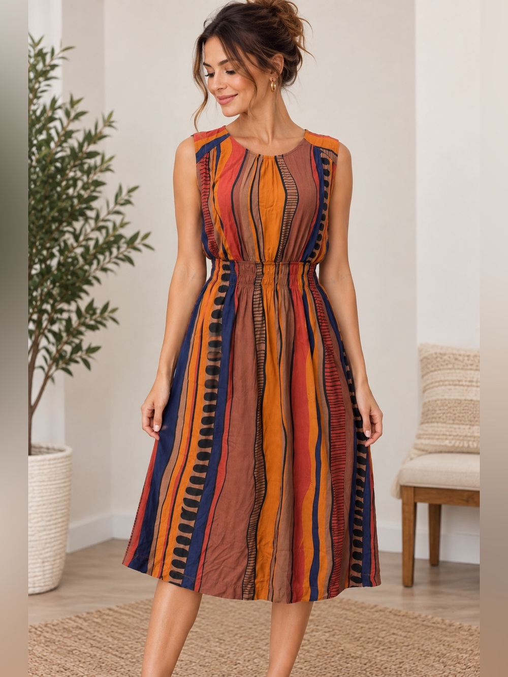 Umgee L Rust Navy Striped Maxi Dress Boho Smocked Waist Fall Western Festival